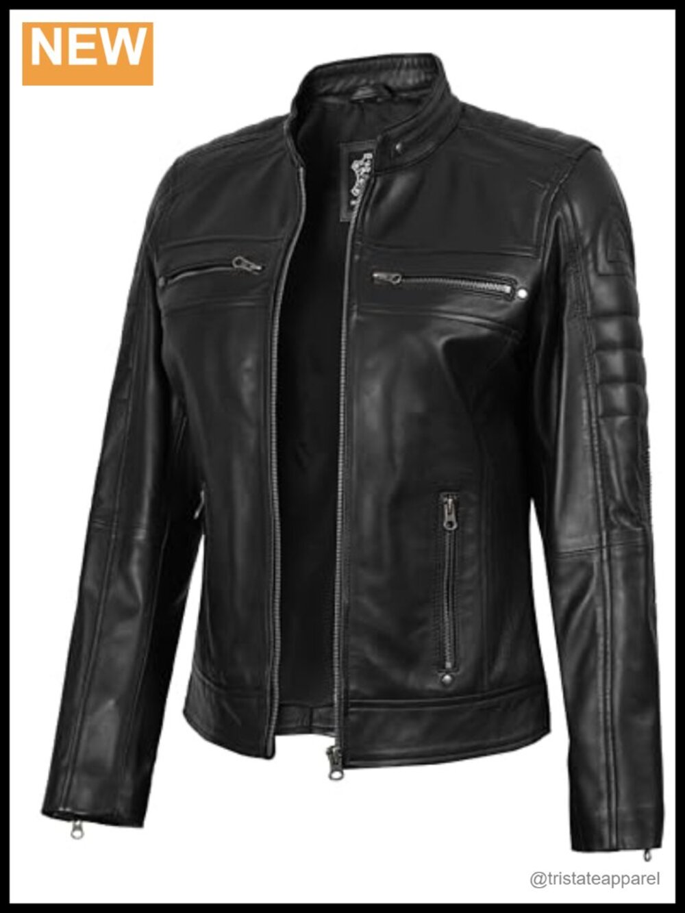 Women's Real Lambskin Leather Cafe Racer Biker Moto Jacket Stand Collar